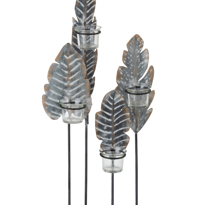 J-Line Theelichthouder 4 Bladeren Grijs Zwart