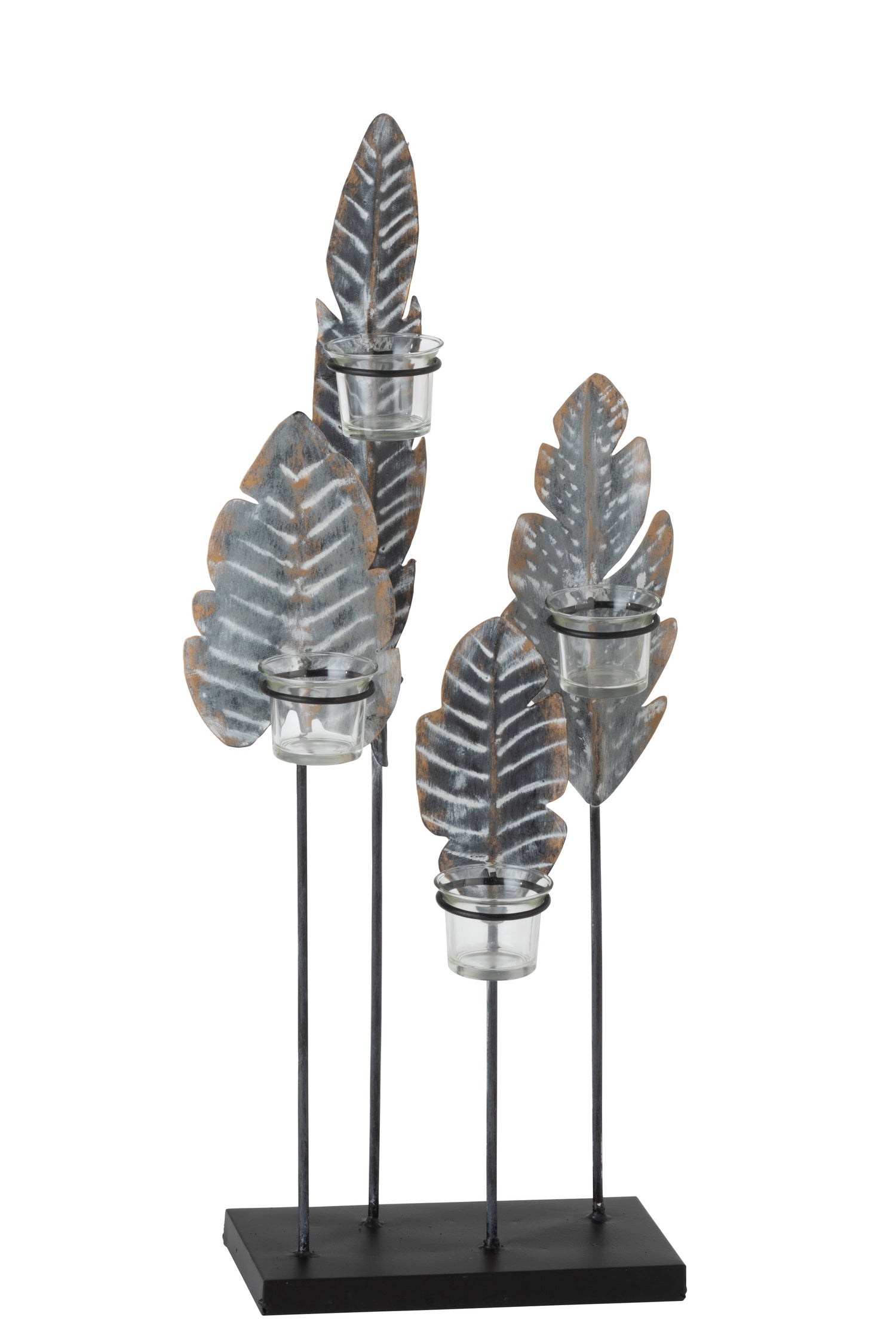 J-Line Theelichthouder 4 Bladeren Grijs Zwart