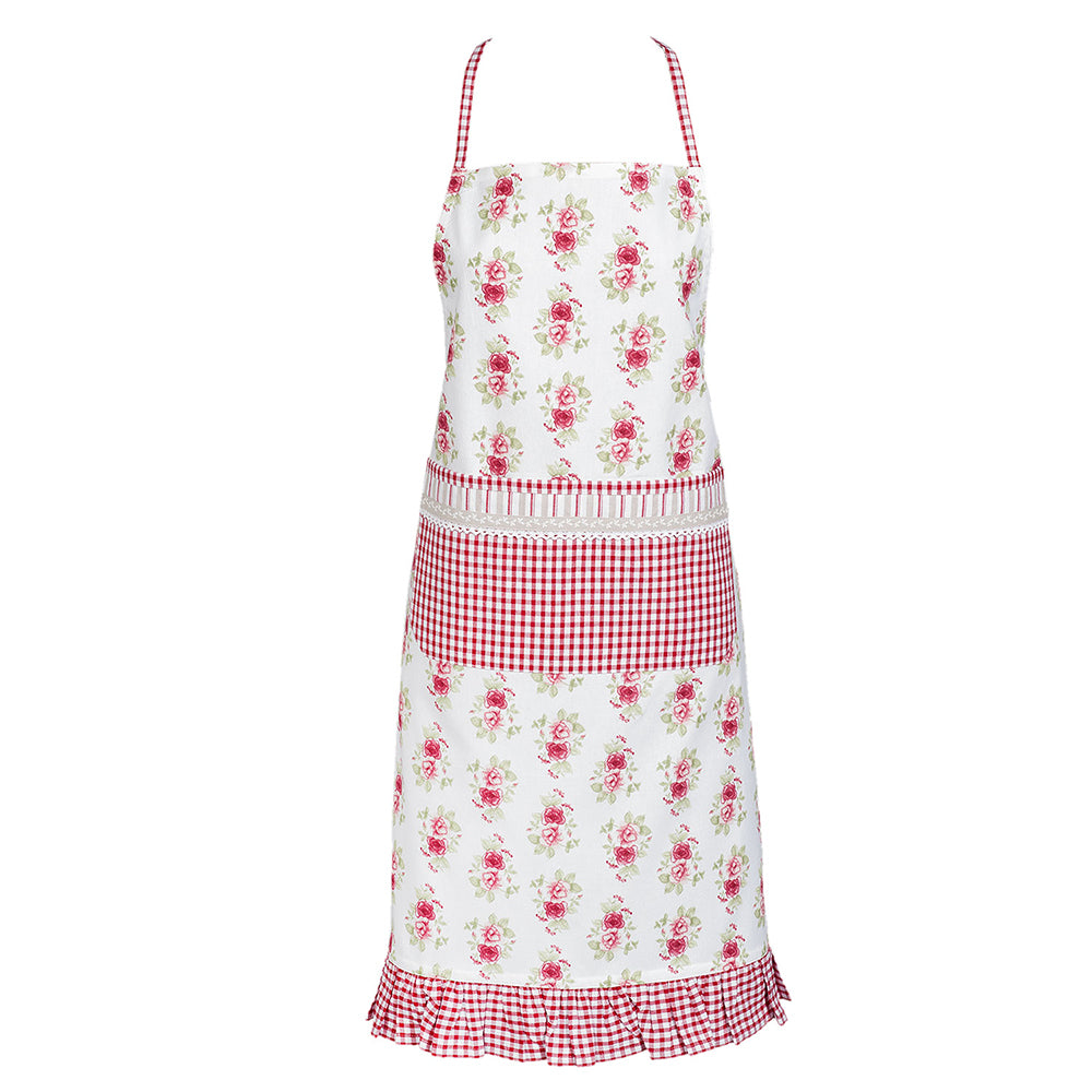 Clayre & Eef Keukenschort 70x85 cm Rood Wit Katoen Rozen BBQ Schort