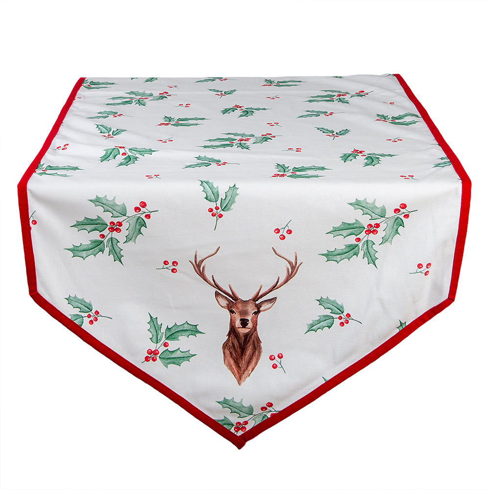 Clayre & Eef Tafelloper Kerst  50x160 cm Wit Rood Katoen Hert