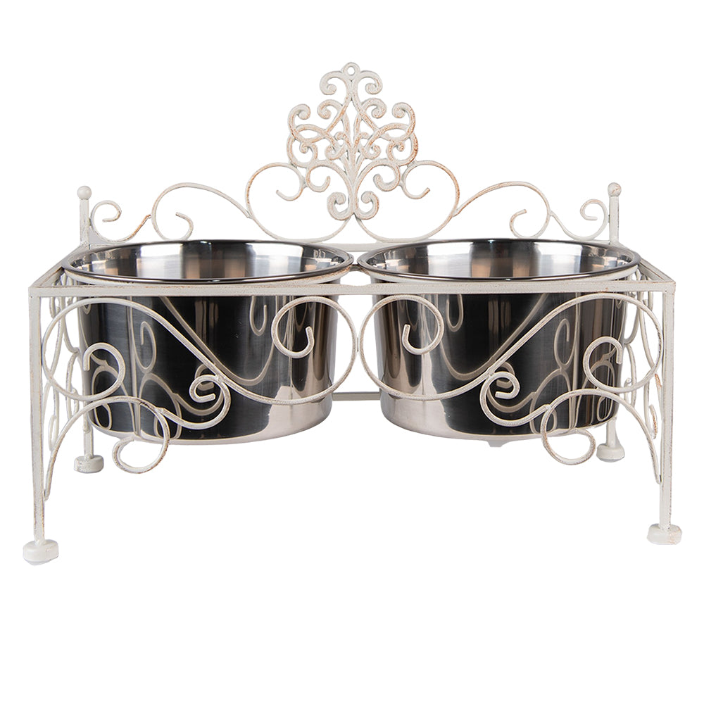 Clayre & Eef Voerbak Hond   2x500 ml Wit Ijzer Rechthoek Voerbak Kat