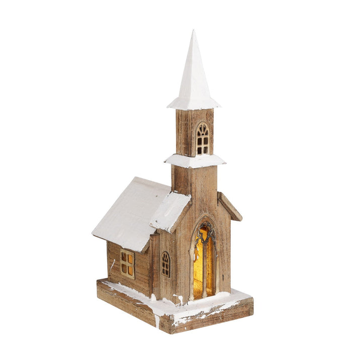House of Seasons Kerk 20LED Kerstdorp - 18x25x49 cm - Hout - Bruin