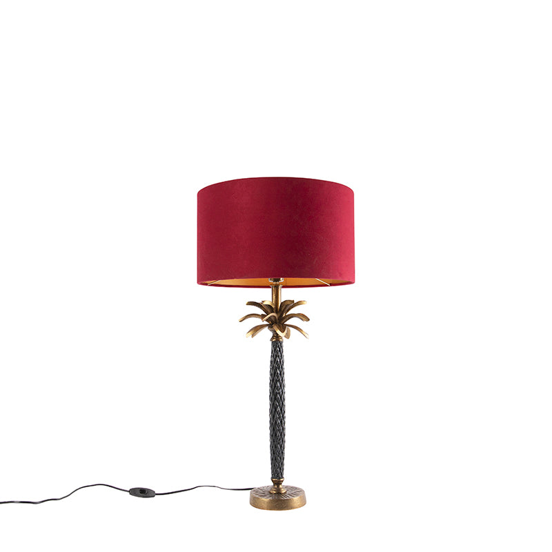 QAZQA Art Deco tafellamp brons met velours rode kap 35 cm - Areka
