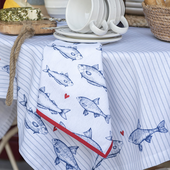 Clayre & Eef Theedoek 50x70 cm Wit Blauw Katoen Vissen