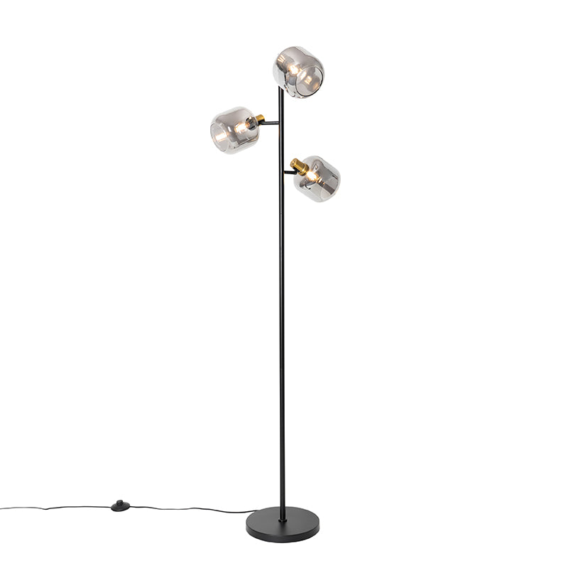 QAZQA Vloerlamp zwart met goud met smoke glas 3-lichts - Zuzanna