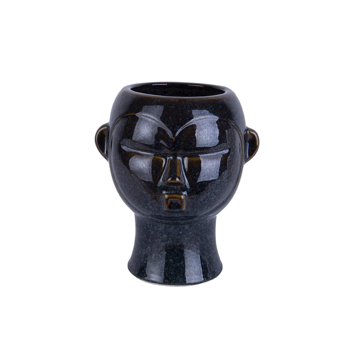 pt, Plantenpot Mask - Glazuur Donker Bruin - Rond - 18,7x17,8x22cm