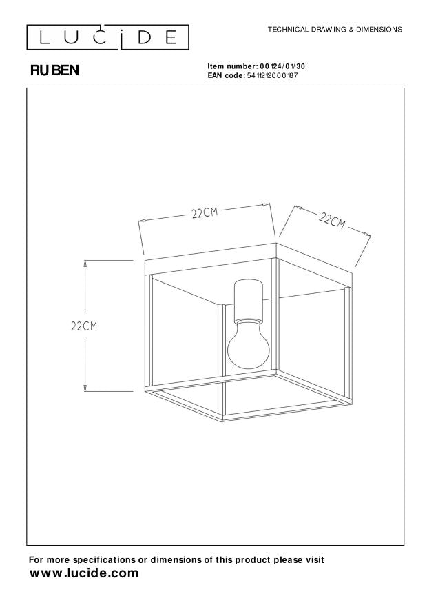 Lucide RUBEN - Plafonnière - 1xE27 - Zwart