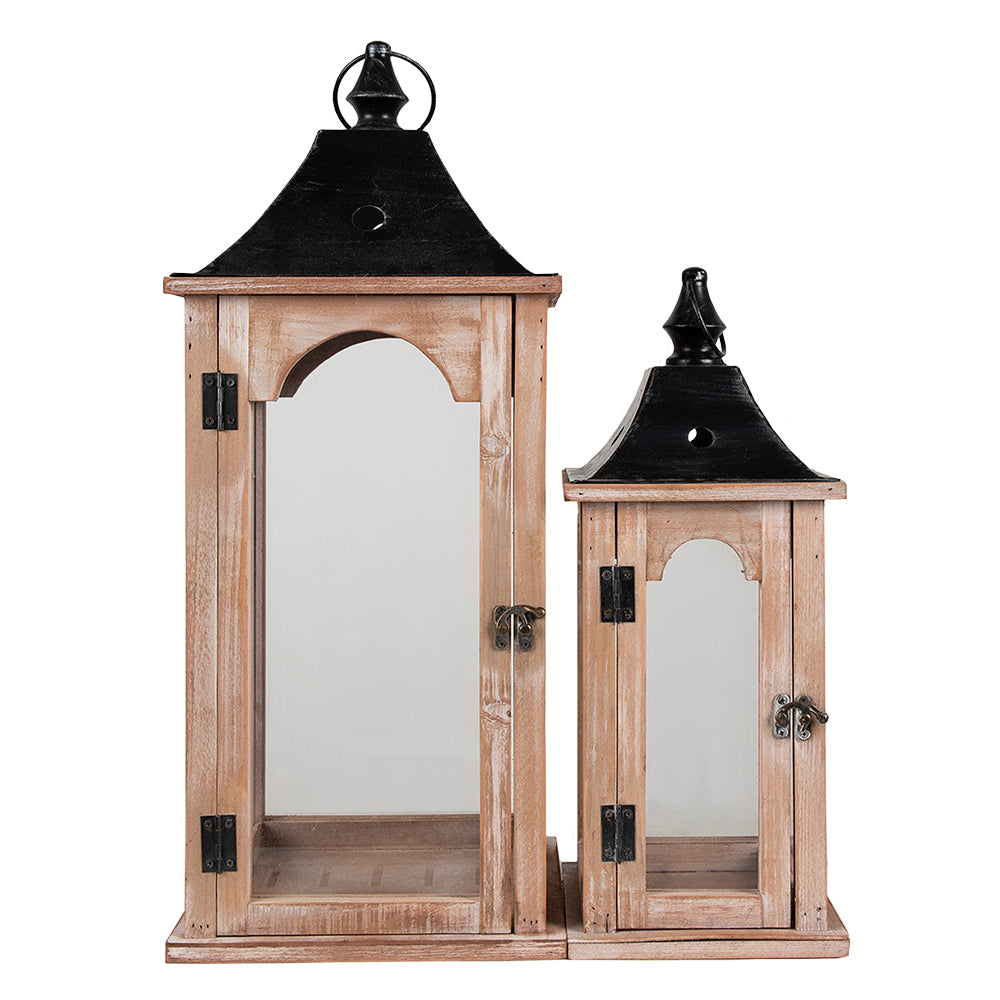 Clayre & Eef Lantaarn Set van 2  Bruin Ijzer Hout Vierkant