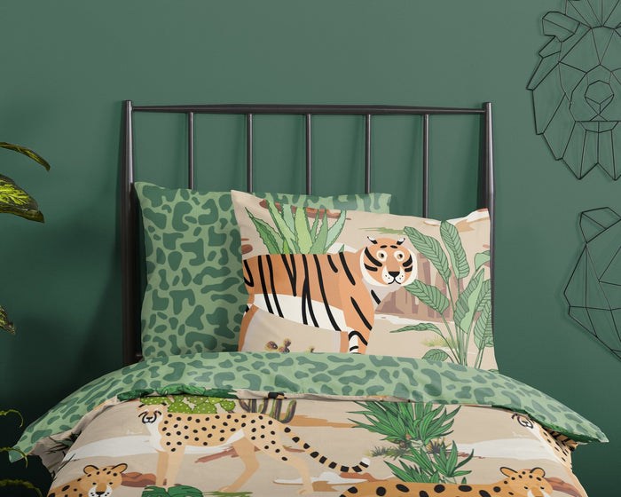 Good Morning Kinderdekbedovertrek FELINES 140x200|220 cm zand en groen