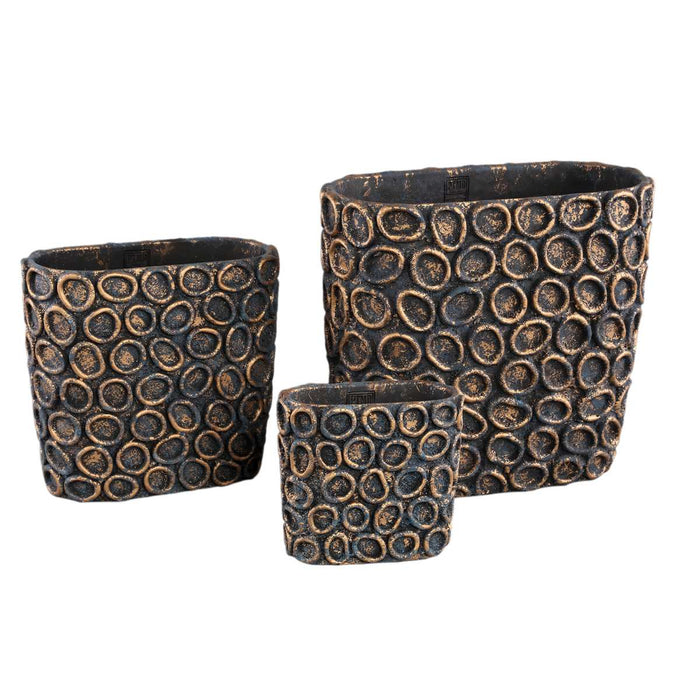 PTMD Sturdy Black cement pot oval gold circles L