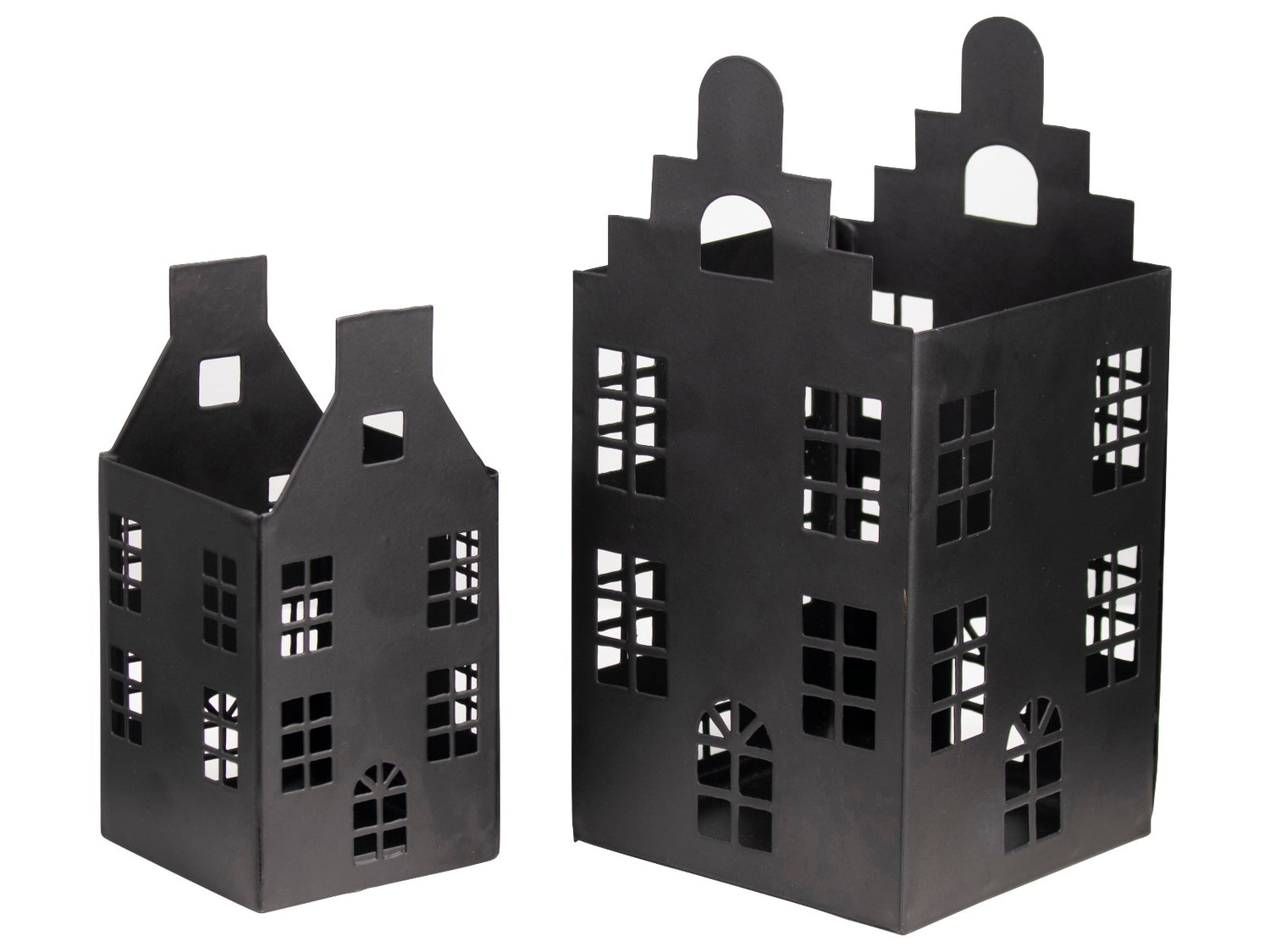 Gusta Theelichthouder huisjes zwart - set 2 stuks