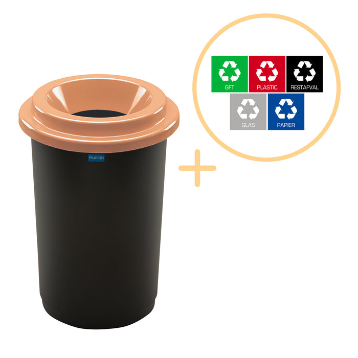 Plafor Prullenbak voor afvalscheiding 50L, rond, Bruin|Zwart