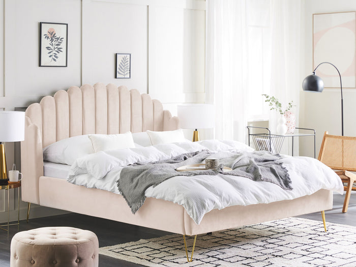 Beliani-AMBILLOU-Tweepersoonsbed-Lichtbeige-160 x 200 cm-Fluweel