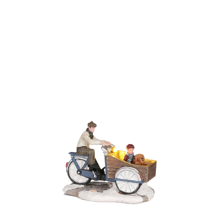LuVille Kerstdorp Miniatuur Bakfiets Familie - L10 x B6 x H7,5 cm