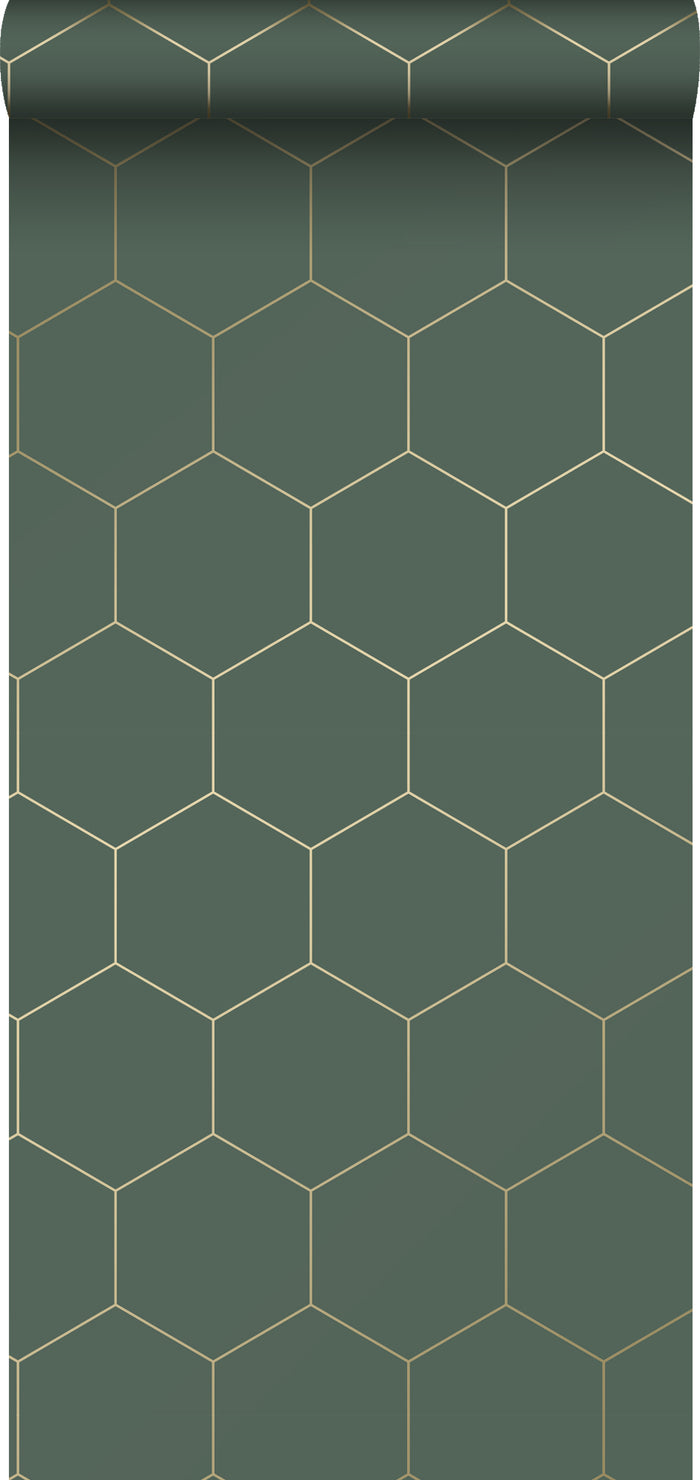 ESTAhome behang hexagon donkergroen en goud - 0,53 x 10,05 m - 139228
