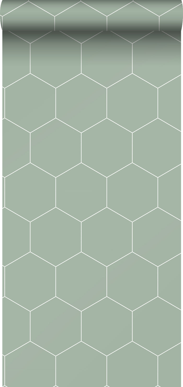 ESTAhome behang hexagon vergrijsd groen en wit - 0,53 x 10,05 m - 1392