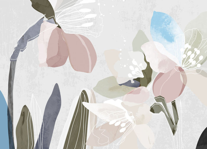 Sanders & Sanders fotobehang bloemmotief grijs, roze en blauw - 3,75 x