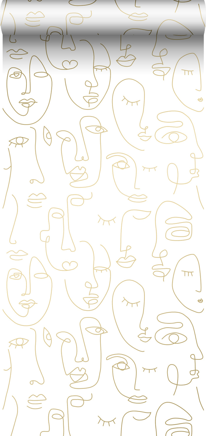 ESTAhome behang line art gezichten wit en glanzend goud - 0,53 x 10,05