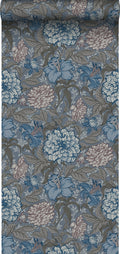 ESTAhome behang vintage bloemen vergrijsd blauw en warm grijs - 0.53 x