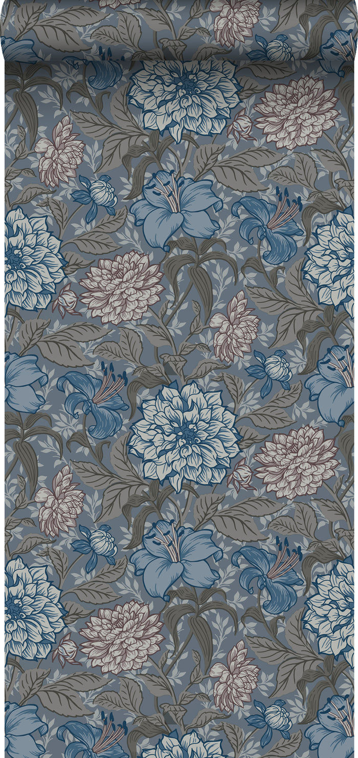 ESTAhome behang vintage bloemen vergrijsd blauw en warm grijs - 0.53 x