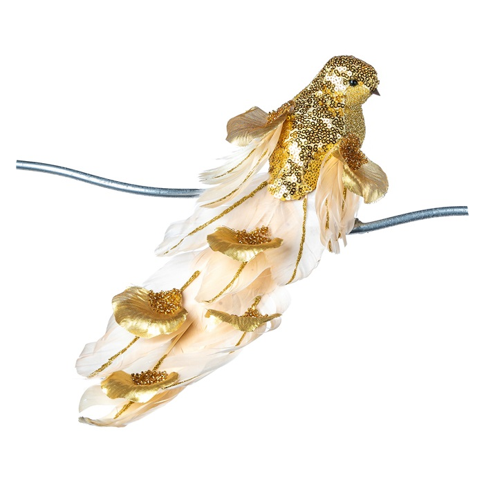 Goodwill Kerstbal-Vogel op klip Goud-Wit 34 cm