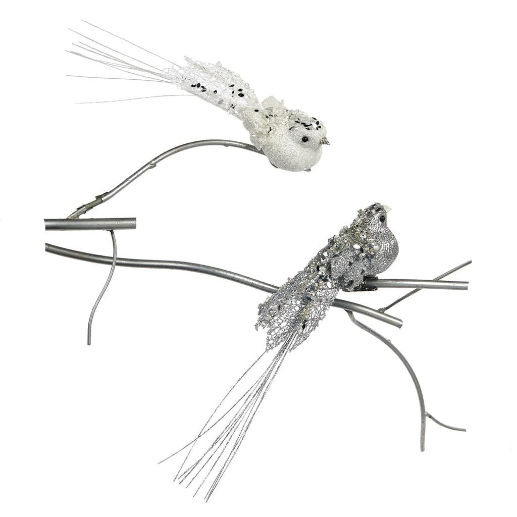 Goodwill Kerstbal-Vogel op klip Wit-Zilver L 23 cm Ass. van 2 stuks