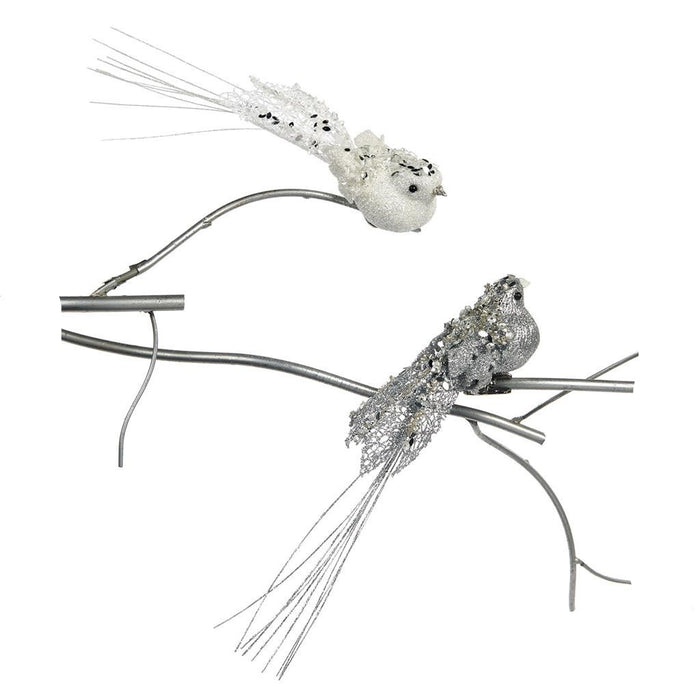 Goodwill Kerstbal-Vogel op klip Wit-Zilver L 23 cm Ass. van 2 stuks
