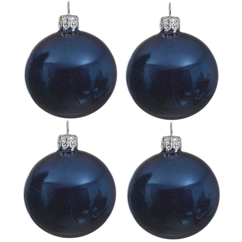 Decoris kerstballen - 4x - donkerblauw - 10 cm - glas - glans
