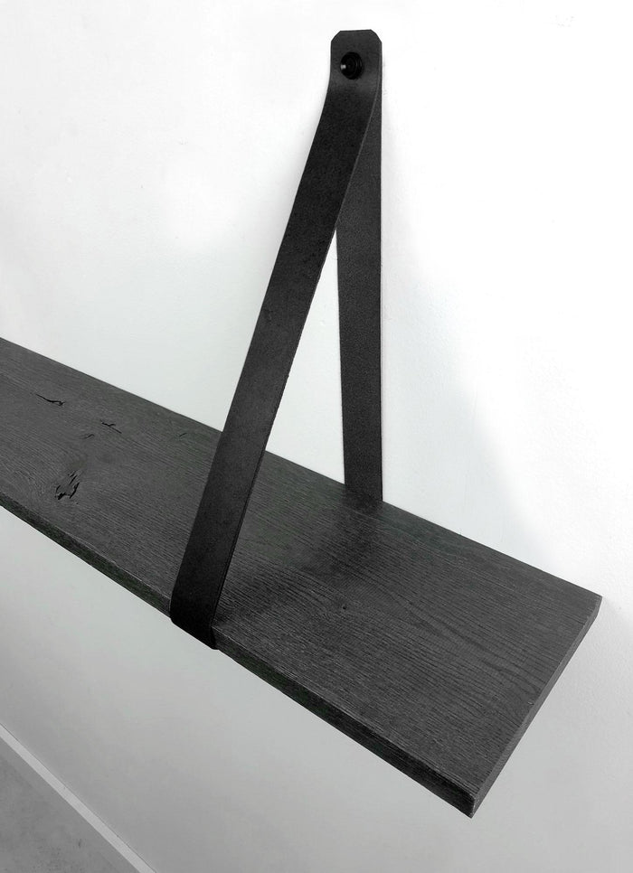 Woodbrothers 18mm wandplank recht zwart 80x20cm + leren riem zwart