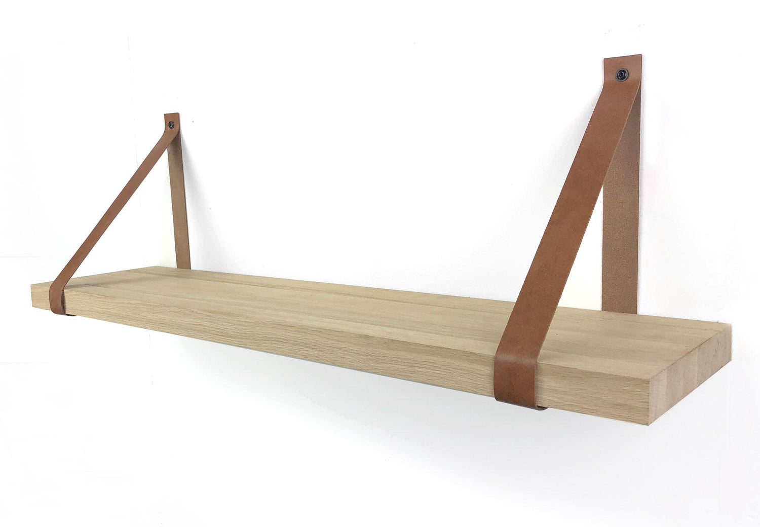Woodbrothers Eiken wandplank massief recht 100x30cm + leren riem bruin