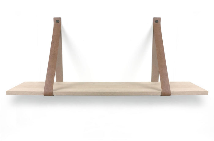 Woodbrothers Eiken 18mm wandplank recht 75x20cm + leren riem cognac