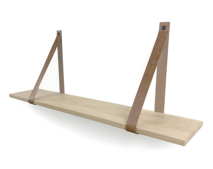 Woodbrothers Eiken 18mm wandplank recht 80x20cm + leren riem cognac