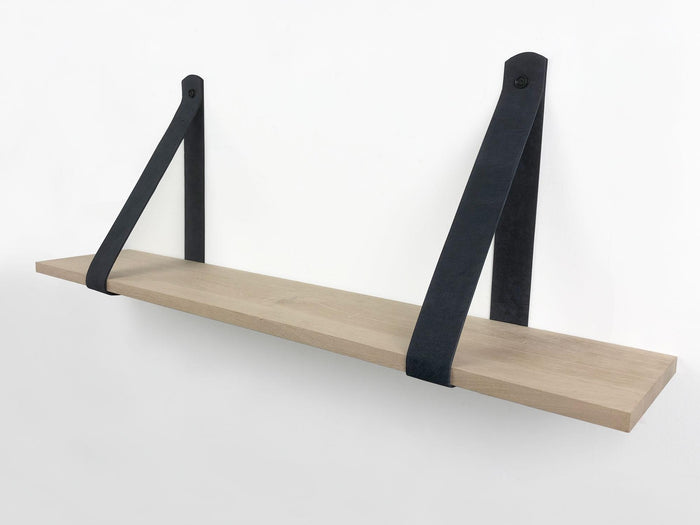 Woodbrothers Eiken 18mm wandplank recht 90x30cm + leren riem zwart