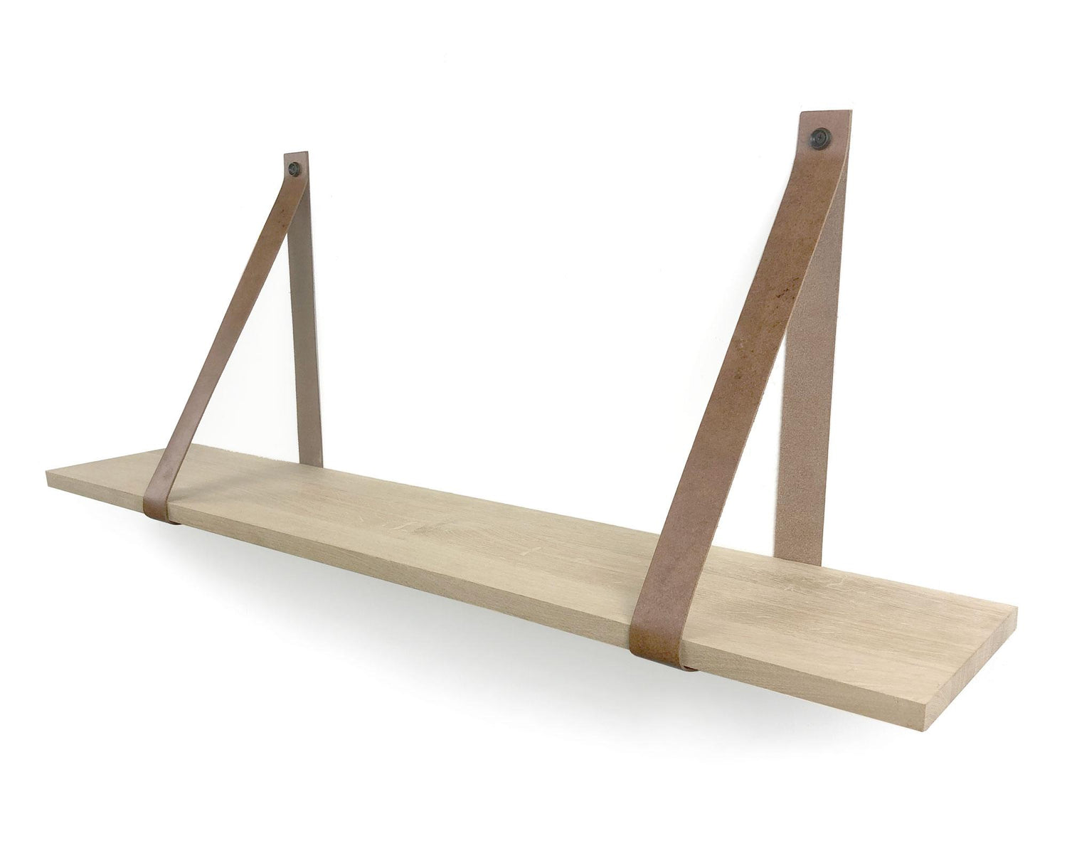 Woodbrothers Eiken 18mm wandplank recht 150x30cm + leren riem cognac