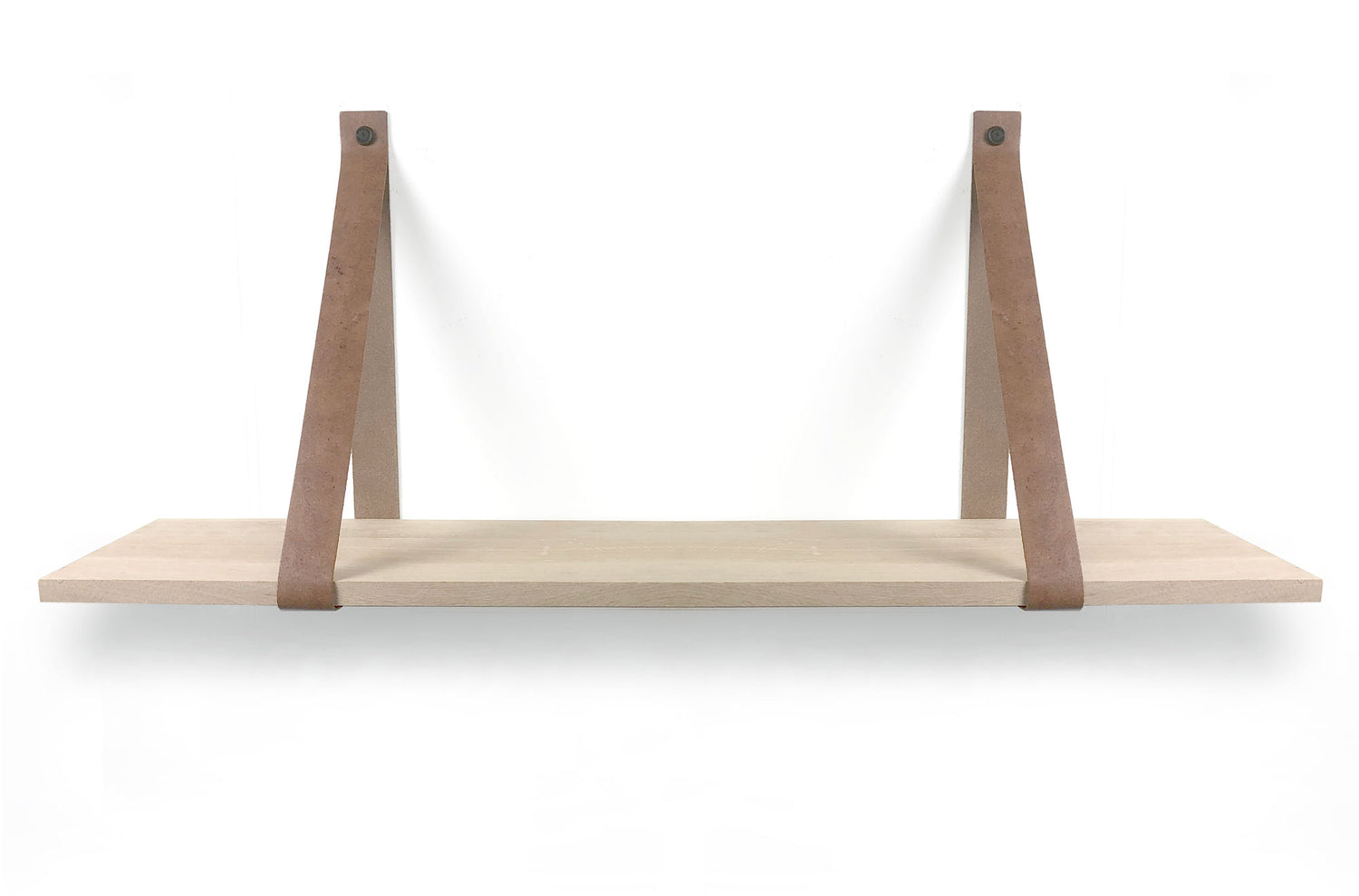 Woodbrothers Eiken 18mm wandplank recht 110x20cm + leren riem cognac
