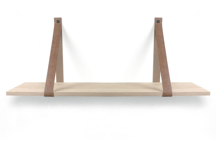 Woodbrothers Eiken 18mm wandplank recht 110x20cm + leren riem cognac