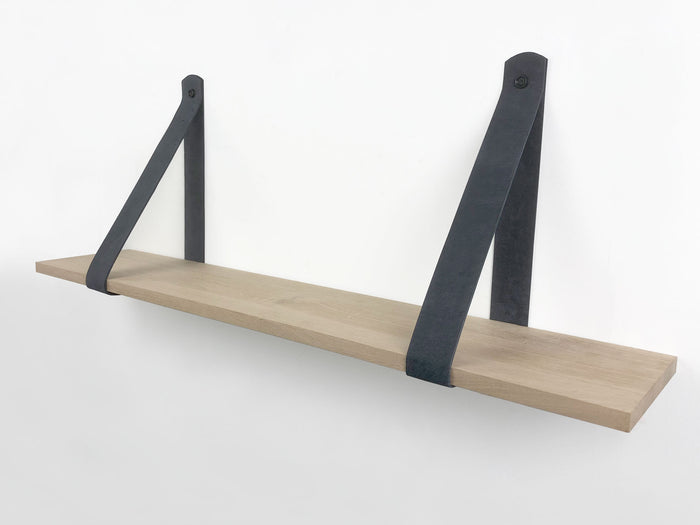 Woodbrothers Eiken 18mm wandplank recht 110x30cm + leren riem grijs