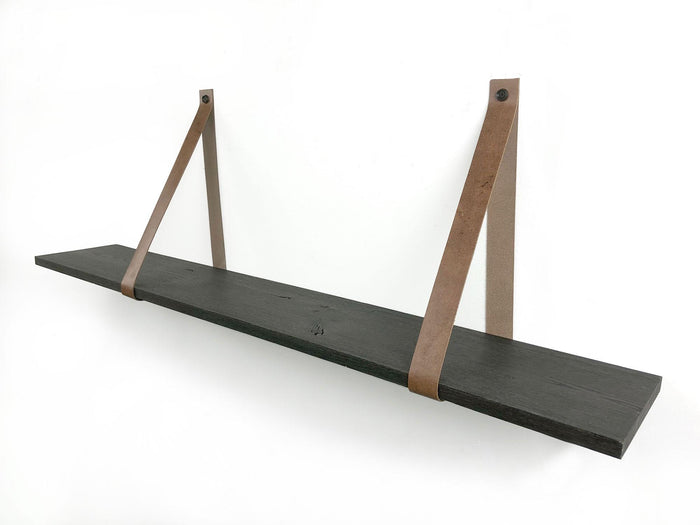 Woodbrothers 18mm wandplank recht zwart 60x20cm + leren riem cognac