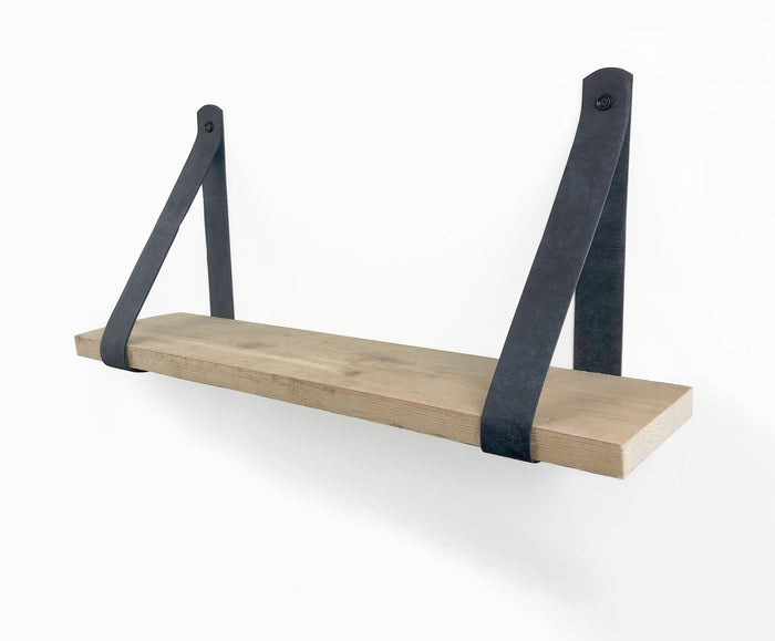 Woodbrothers Steigerhout wandplank 50x20cm + leren riem antraciet