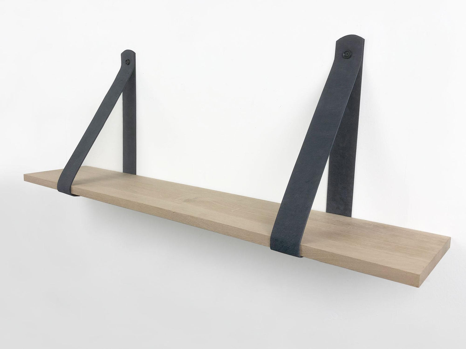 Woodbrothers Eiken 18mm wandplank recht 140x30cm + leren riem grijs