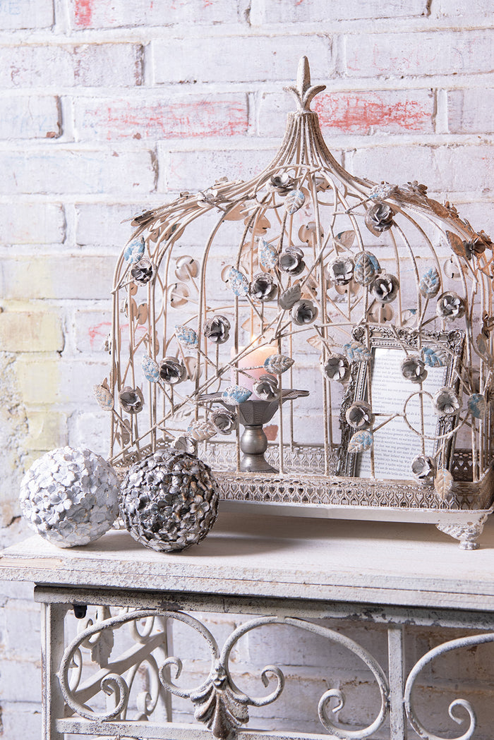 Clayre & Eef Vogelkooi Decoratie 42x21x50 cm Wit IJzer Bloemen