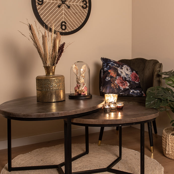 Clayre & Eef Salontafel ovaal set van 2  86x67x50 cm Grijs Hout Ijzer