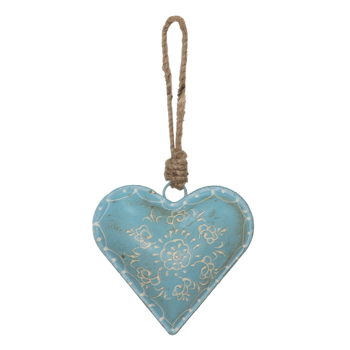 Clayre & Eef Hanger Hart 10x10 cm Blauw Ijzer Bloem Woondecoratie