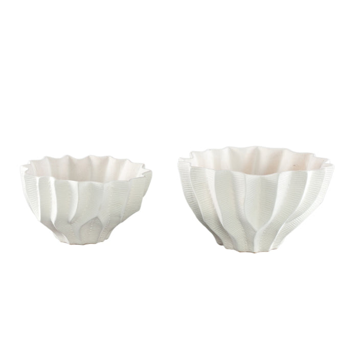 PTMD Merc White ceramic pot wavy ribbed low L