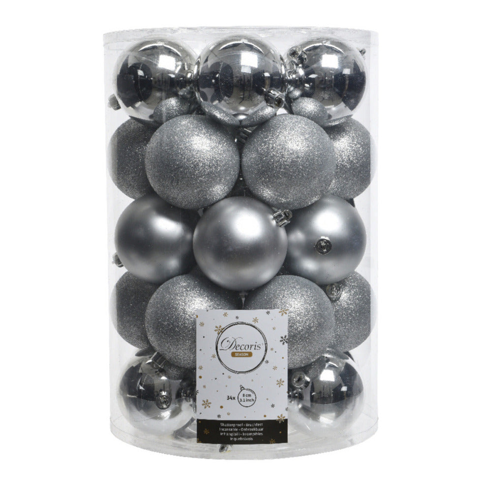 Decoris Kerstballen - 34x st - zilver - D8 cm - kunststof
