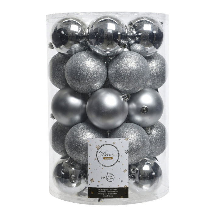 Decoris Kerstballen - 34x st - zilver - D8 cm - kunststof