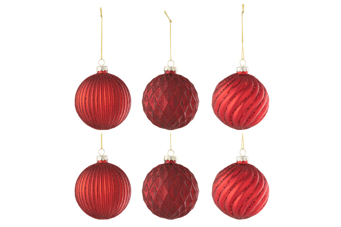 J-Line Kerstballen - glas - geribbeld| geruit - rood - 6x