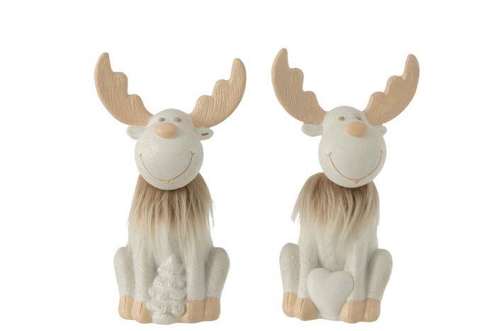 J-Line kerstfiguren Hertjes - ski zittend - polyresin - wit|beige - large - 2 stuks