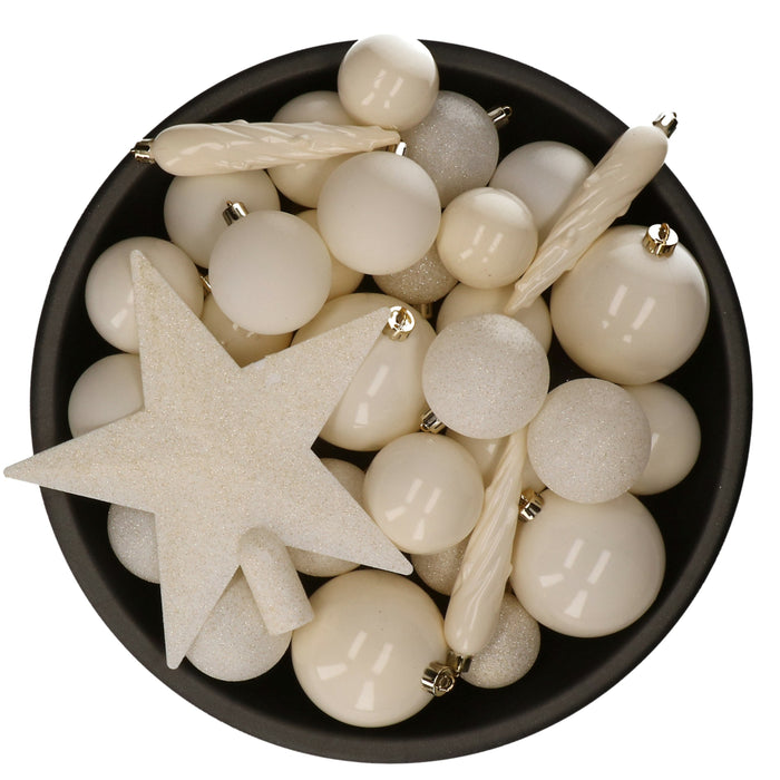 Decoris kerstballen - 34-dlg - wol wit - kunststof