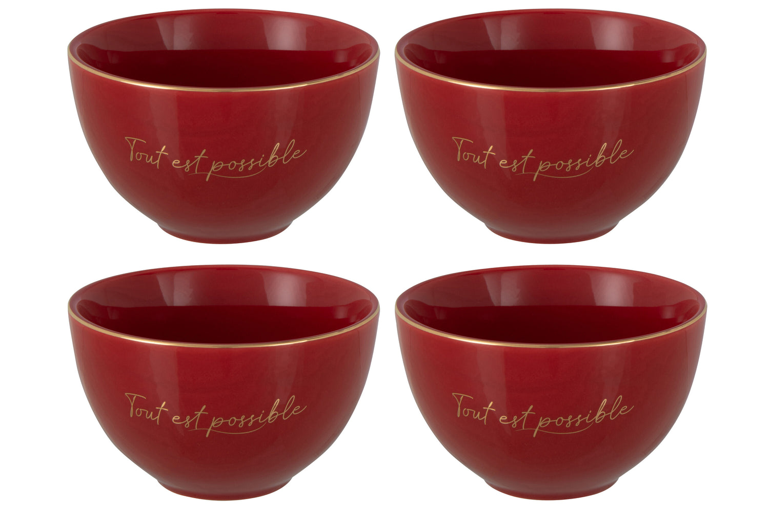 J-Line kom 'Tout Est Possible' - porselein - rood|goud - small - 4 stuks